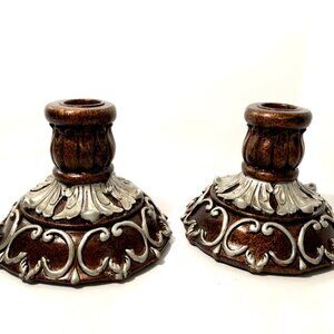 2 chunky, ornate candlestick holders with silver painted detail. Boho style.